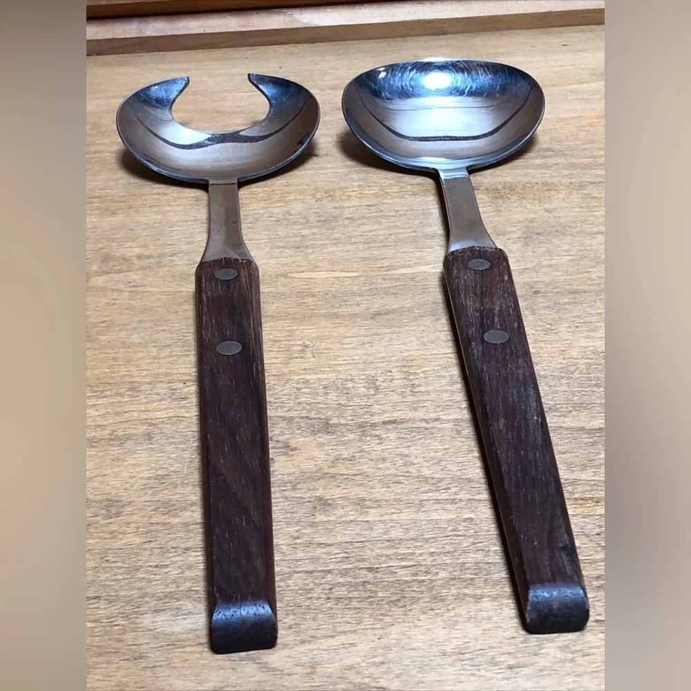 WMF CROMARGAN Wood & Stainless Steel Salad Fork & Spoon Serving Utensils Set MCM